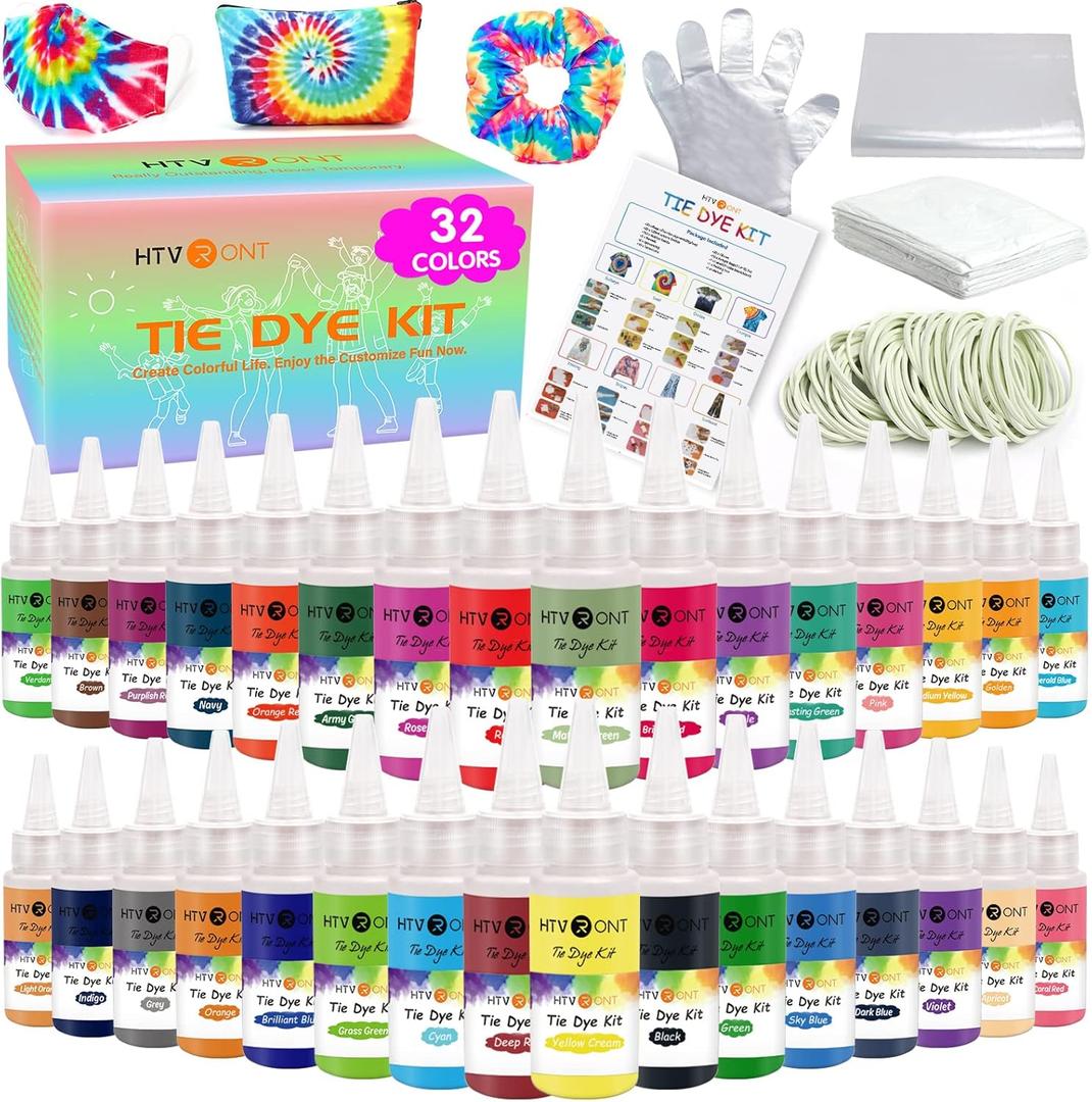 HTVRONT Tie Dye Kit - 32 Vibrant Colors Pre-Filled Bottles Tyedyedye Kit, Permanent Non-Toxic for Large Groups Kids Adults,Tye Fabric Textile Handmade Party(Just Add Water)
