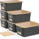 Small 5 Quart Plastic Storage Bin with Bamboo Lid, Stackable Decorative Storage Basket Box Containers with Label for Organizing Shelves Desktop Office Bedroom Dorm Classroom, Gray 6 Pack