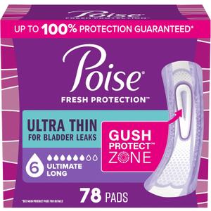 Poise Ultra Thin Incontinence Pads & Postpartum Pads for Bladder Leaks, 6 Drop Ultimate Absorbency, Long Length, 78 Count, 