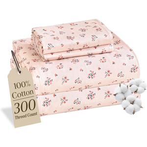 MCO 100% Cotton Sheet Set Floral Printed, 300 Thread Count Cotton Queen Sheet Set, 16" Deep Pocket, Breathable Cooling Sheets 4 Pieces (Queen, Pink Floral)