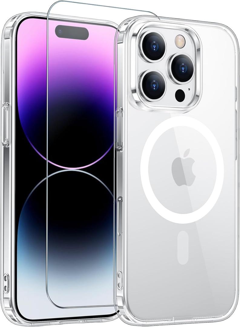 Temdan for iPhone 14 Pro Max Case Clear with Screen Protector, [Compatible with Magsafe][Anti-Yellowing][Military-Grade Protection] Shockproof Magnetic Phone Case for iPhone 14 Pro Max, Transparent