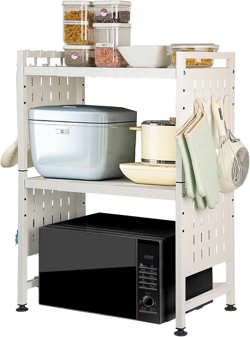 Expandable Microwave Stand Countertop, 3 Tier Heavy Duty Over Microwave Shelf Countertop with 4 Hooks, Height Adjustable Metal Microwave Oven Rack Shelf for Kitchen Tabletop,Holds 160lb,White