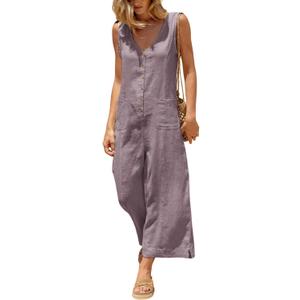 Yeokou Women Button Down Jumpsuits Cotton Linen Sleeveless Casual Wide Legs Rompers Loose Overall with Pockets (Small, Purple)