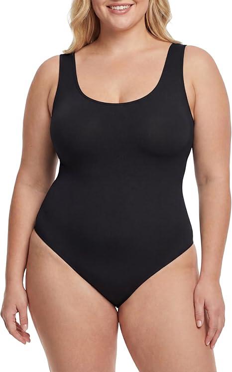 DANAZANA Women's Tank Top Bodysuit Square Neck Sleeveless Thong Body Suit Stretchy Backless Bodysuits M