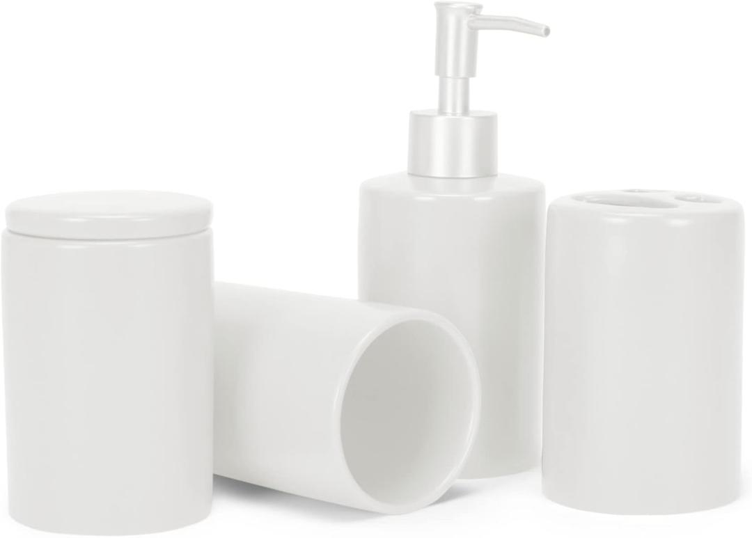 NAT & Jules Chic Modern Rounded 4.5 inch Ceramic Bathroom Accessories Set of 4 - Home Dcor & Organization Perfect for Bath or Kitchen Household Essentials, Matte White