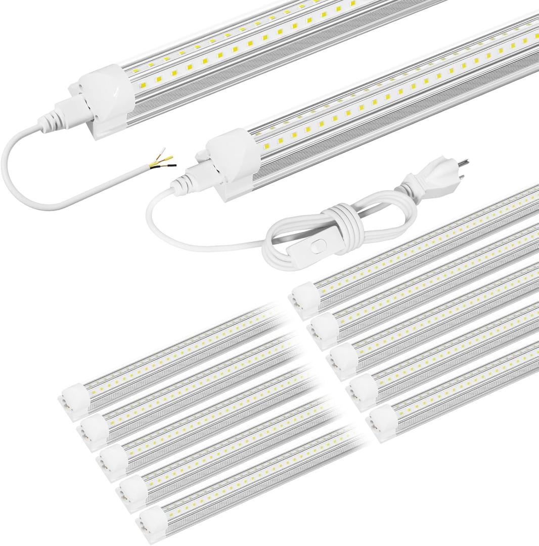 5ft LED Shop Light Fixture, Linkable 6500K Daylight White Tube Light, High Output, Double Sided V Shape T8 Integrated 5 Foot Led Bulbs for Garage, Warehouse, Clear Lens 10-Pack