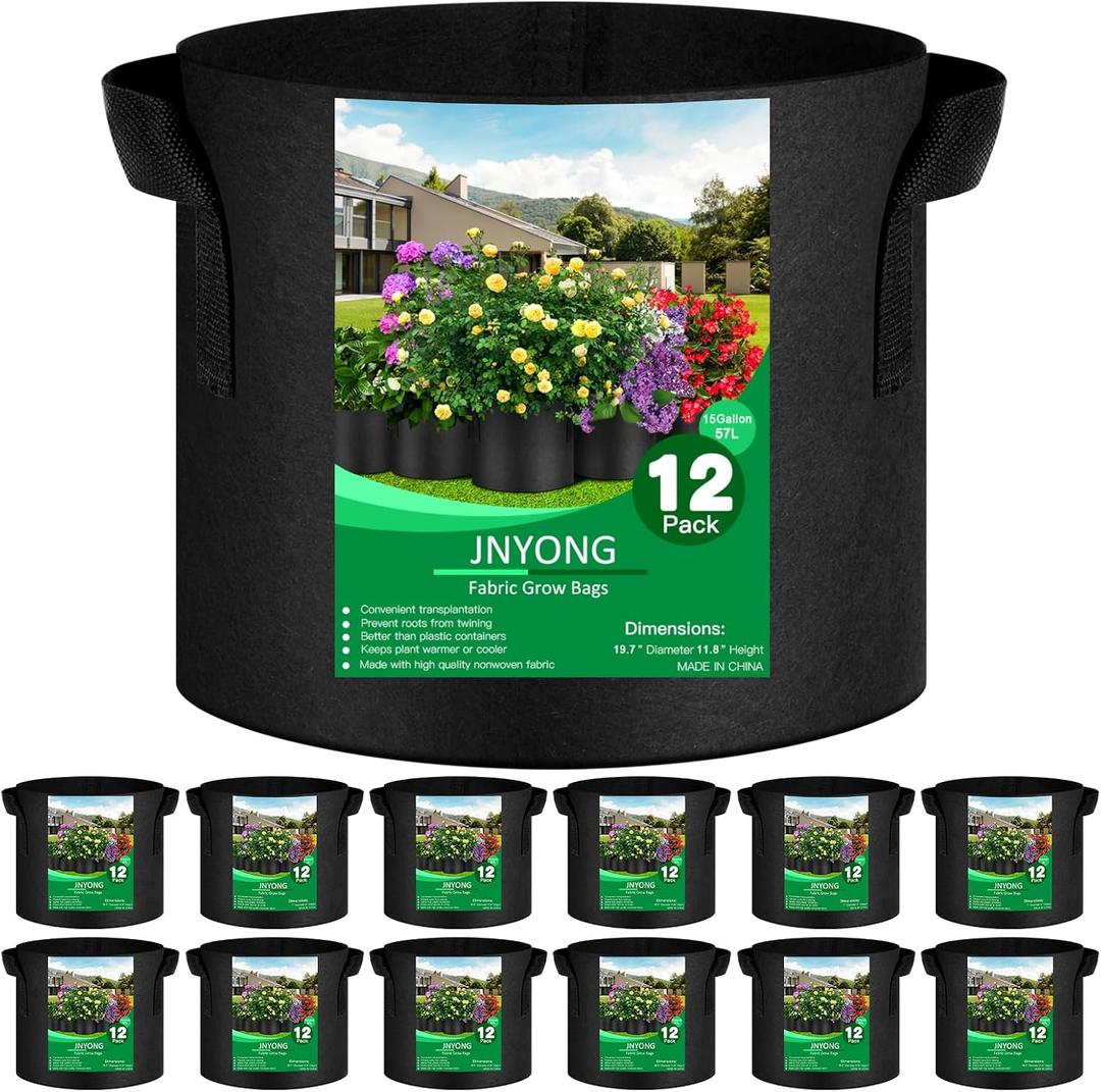 JNYONG 12-Pack 15 Gallon Thickened Non-Woven Grow Bags, Aeration Fabric Pots with HandlesBlack