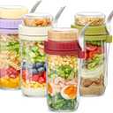 Danmu 24 oz Glass Meal Prep Containers 4-Pack with Lid & Dressing Cup - Leak Proof Salad Jars & Overnight Oats Containers with Lids Stainless Steel Fork Included for On the Go Lunch, Work, Fitness
