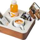 Couch Cup Holder Tray, Acacia Wooden Couch Caddy with Rotatable Phone Holder for Bed Organizer, Waterproof Anti-spill Sofa Cup Holder for Snacks Beverage Remote White (9*9*3 IN)