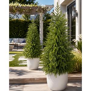 4FT Artificial Norfolk Pine Trees Set of 2, UV Resistant Artificial Outdoor Plants with Warm White LEDs and Planters for Front Porch Entryway Patio Decor