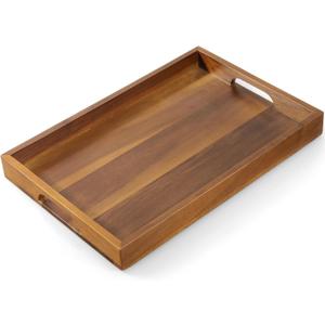 15 Inch Acacia Wood Serving Tray with Handles, Decorative Rectangle Wooden Tray for Ottoman, Breakfast in Bed, Coffee Table, Perfect for Living Room Bedroom Entryway and Kitchen (10" x 1.6" x 15")
