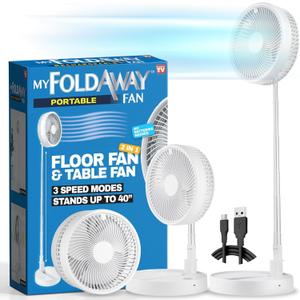 MyFoldaway Portable Fan for Travel, USB Rechargeable Cordless Portable Fans for Desk, Home, Camping, Sleeping, Lightweight Compact & Foldable Travel Fan, Pedestal Extends from 4-40, Quiet, 3 Speeds