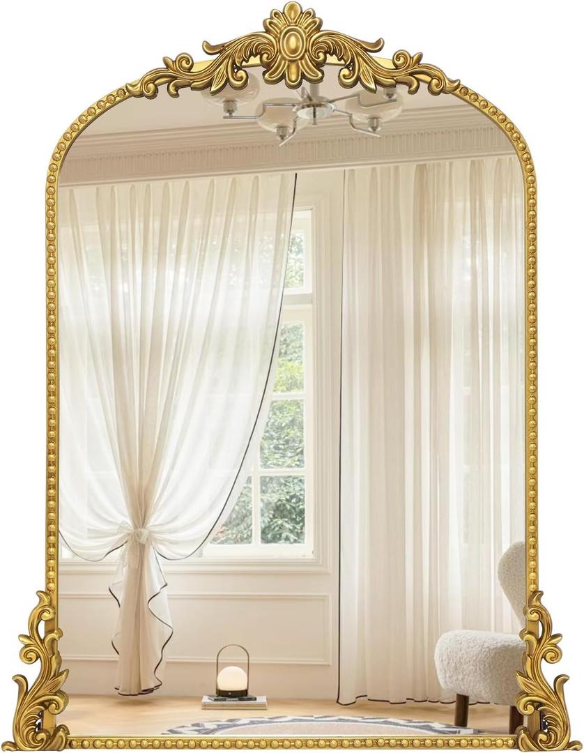 Growsun Vintage Gold Arched Mirror, 24x36 Antique Baroque Ornate Wall Mirror Decor with Full Metal Frame for Fireplace/Entryway/Living Room/Bathroom