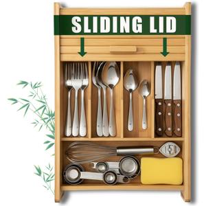 KozyKoala & Co. Bamboo Drawer Organizer with Sliding Lid - 5 Slot Kitchen Drawer Organizer & Utensil Holder - Wood Bamboo Cutlery Tray for Flatware & Multipurpose Storage for Home & Office
