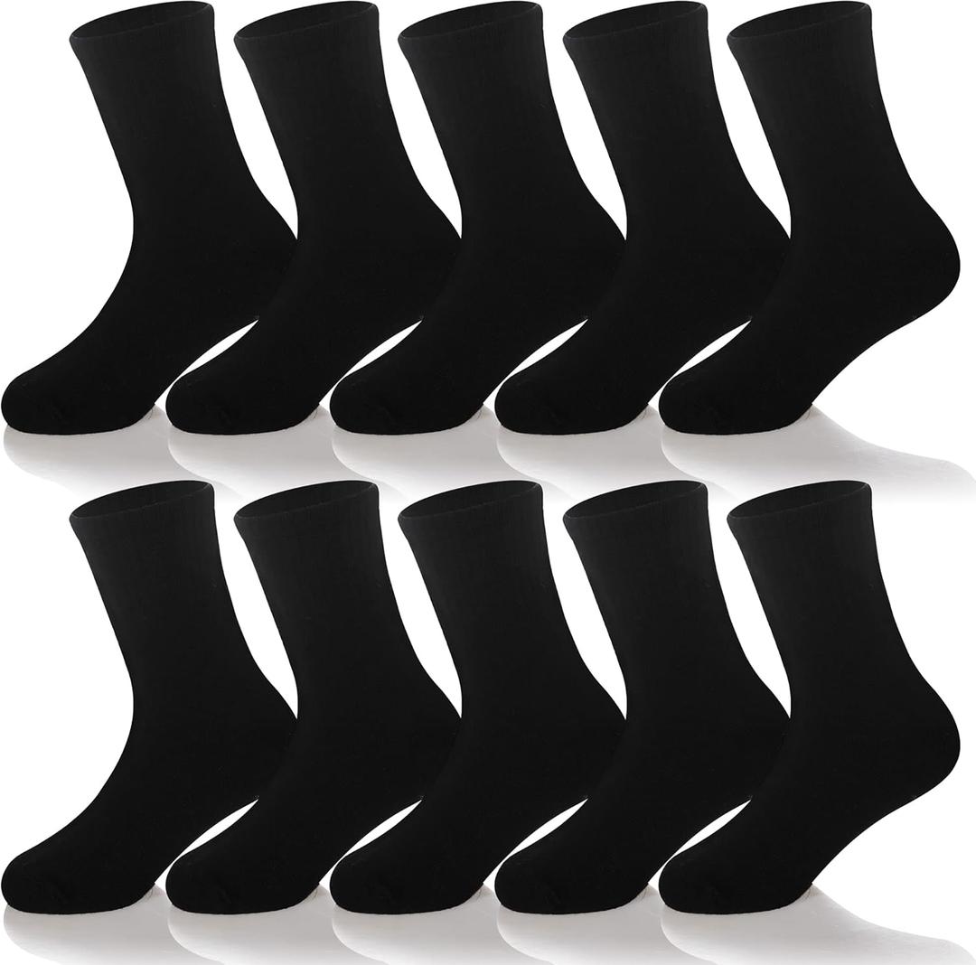 Kids Classics Crew Socks 10 Pairs Child Boy Girls Athletic Cotton Basic School Uniform Breathable Casual Sports Socks (9-12 Years, Black)