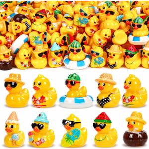 120 Pcs Summer Mini Resin Ducks 10 Beach Vacation Styles Tiny Cruise Ducks to Hide Miniature Hawaii Duck Figurines for Pool Party Favors DIY Crafts Cake Toppers Fairy Garden Aquarium Desk Decor