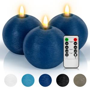 3 x Yongmao Flameless Candles with Remote, Blue Round Candles Ball LED Battery Operated Real Wax Candles Warm Light 3D Wick Flickering for Home Party Wedding Decor (Set of 3)