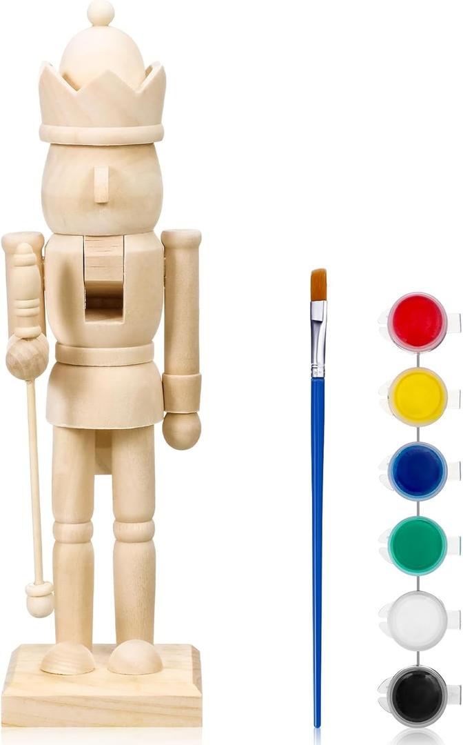 10 Inch Christmas Wooden Unfinished Nutcrackers Kit Blank Wood Unpainted Nutcracker Figures Set with Brush and Multicolor Acrylic Paint for Xmas Holiday DIY Craft Party Supplies Accessories