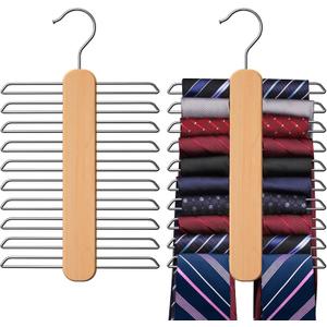Tie Hanger 2 Pack,Tie Organizer for Closet 20 Storage Capacity,Wooden Necktie Organizer Tie Storage,360 Degree Rotating Accessory Organizers for Tie,Belt,Scarf (Natural)