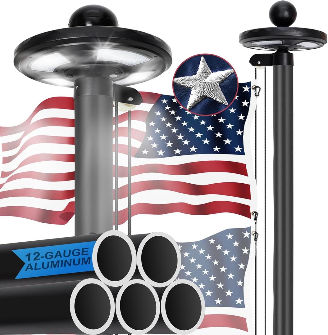 25FT Heavy Duty Flag Pole with Solar Light for Outside House, Thickened 12-Gauge 50 KSI / 100 HBW High-Strength Aluminum, 128-LED Light & an Embroidered Flag, In Ground Flag Pole for Residential Use