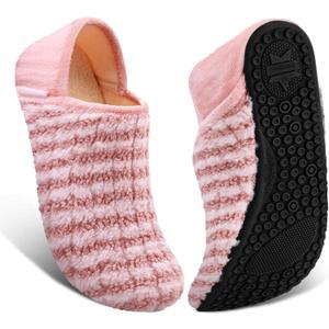 ATHMILE House Slippers for Women Men Indoor Barefoot Slippers Socks Furry Slip on House Shoes Cozy Comfy for Home Bedroom Travel Yoga (8-8.5 Women/7-7.5 Men, Pink Striped)