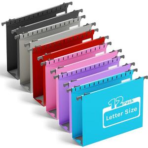Ansook Plastic Hanging File Folders Letter Size,Upgrade 2" Extra Capacity Expanding Hanging Folders with Tabs,12 Pack Reinforce File Cabinet Folders,Heavy Duty Color Hanging Organizer for Bulky Files