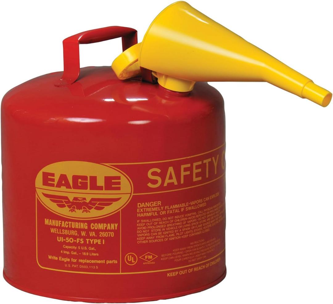 Eagle 5 Gallon Type I Red Safety Gas Can for Gasoline with Flame Arrester, Self-Closing Lid, and F-15 Funnel, Made in the USA, Galvanized Steel Flammable Storage Can, UI50FS