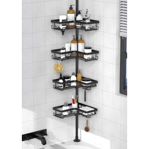 KEGII Corner Shower Caddy Tension Pole - Shower Tension Rod Organizer, Floor to Ceiling Shower Caddy 25-114.2 inch, Towel Rack Corner Waterproof, Black