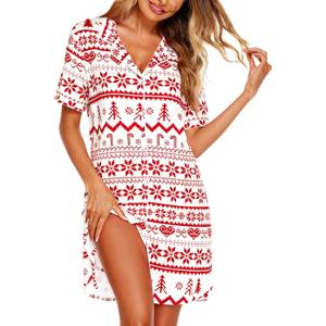 ASTANFY Nightgowns for Women Button Down Sleepshirt Short Sleeve Nightshirt Xmas Pajamas V Neck Nightdress (White, S)