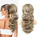 SEIKEA Ponytail Extension, 22" Long Wavy Curly Drawstring Ponytail Multi-layered Fluffy Thick Clip in Hair Extensions Natural Soft Synthetic Hairpiece Light Blonde with Ash Brown
