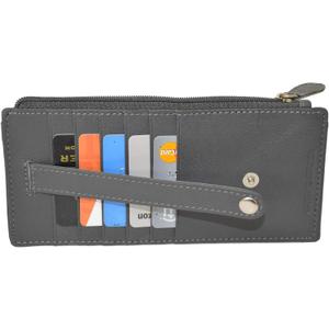 Leatherboss Genuine Leather Women's All in One Credit Business Card Case Holder Slim Zipper Wallet With a Card Protection Strap, Gray