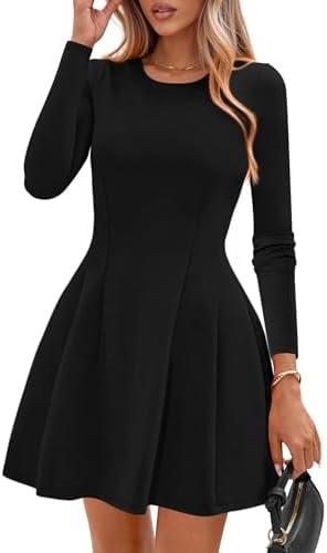 PRETTYGARDEN Long Sleeve Mini Dress for Women 2026 Spring Crewneck Knit Pleated Babydoll A Line Casual Short Party Dresses. L