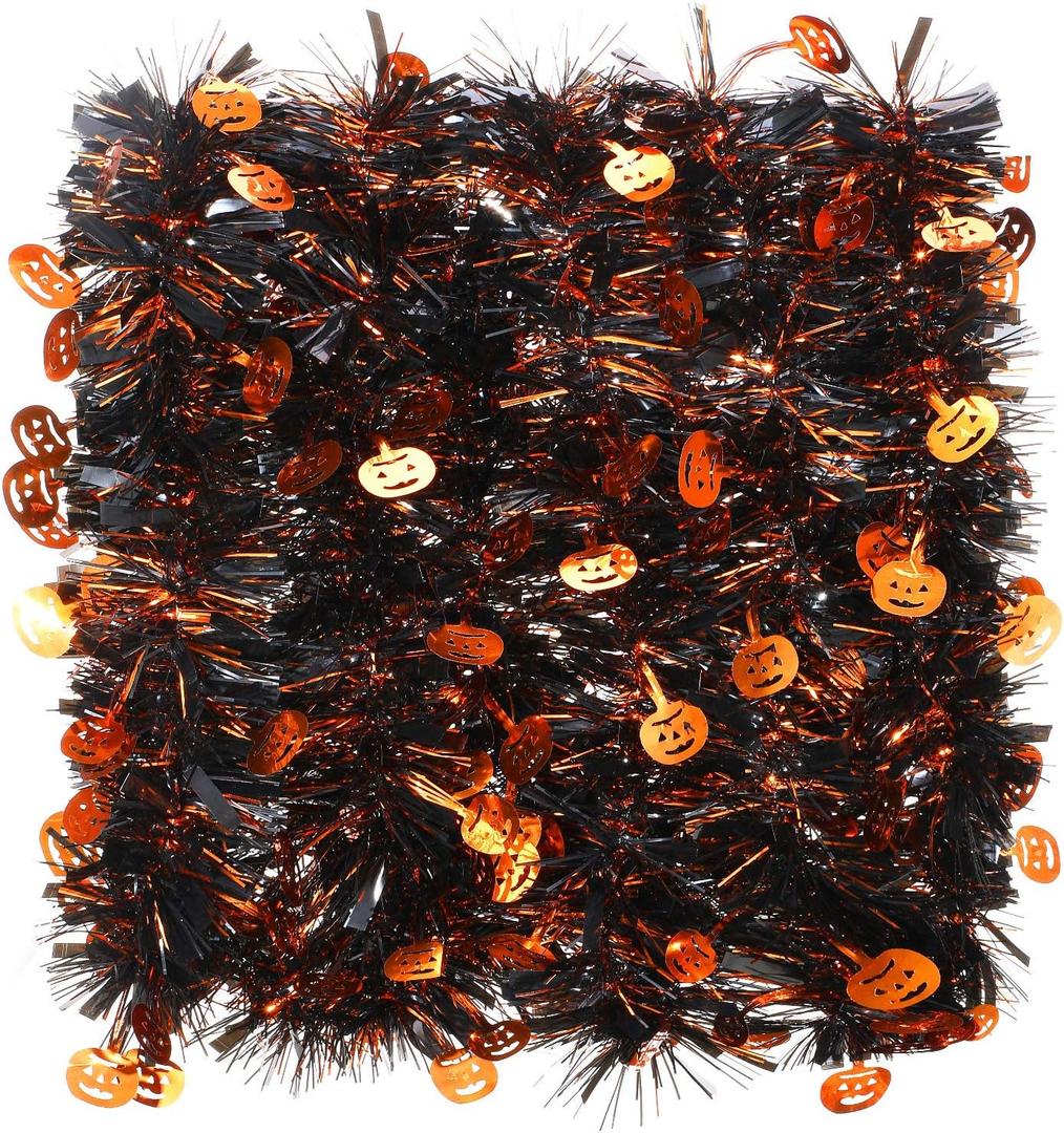 WILLBOND 8 Pieces 52.4 ft Halloween Pumpkin Tinsel Garland Black and Orange Metallic Holiday Tinsel Twist Garland Decoration for Halloween Party Home Indoor Outdoor Ornaments