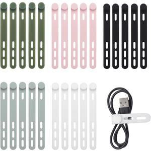 25 PCS Silicone Cable Ties Cord Organizer -[3 Adjustable Holes] Multi Color Elastic Reusable Cord Wraps Management, Home Organizer Ties for Phone Charger Electrical Cable, Travel Essentials