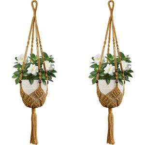 USLAI Macrame Plant Hanger Indoor Outdoor, Fits 3 to 6.5 inch Pots, Hanging Planter Holder with Beads and Tassels, Boho Home Decor, 35+35 Inch, Brown (POTS NOT Included)