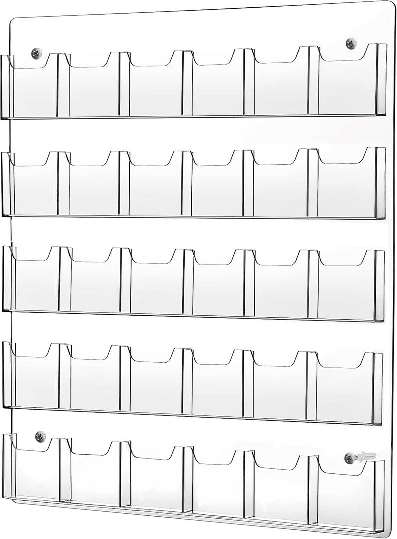 Acrylic Brochure Pamphlet Holder - Clear Display Stand with Multi Slot Rack, Wall Mount Pocket for Literature Menu Document Flyer Advertise Supplies (30 Pockets)