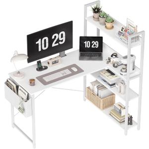Treesland 47 Inch Computer Desk with Bookshelf, Corner Desk with Storage, L Shaped Desk, Home Office Desks, Writing Study Desk for Bedroom, White