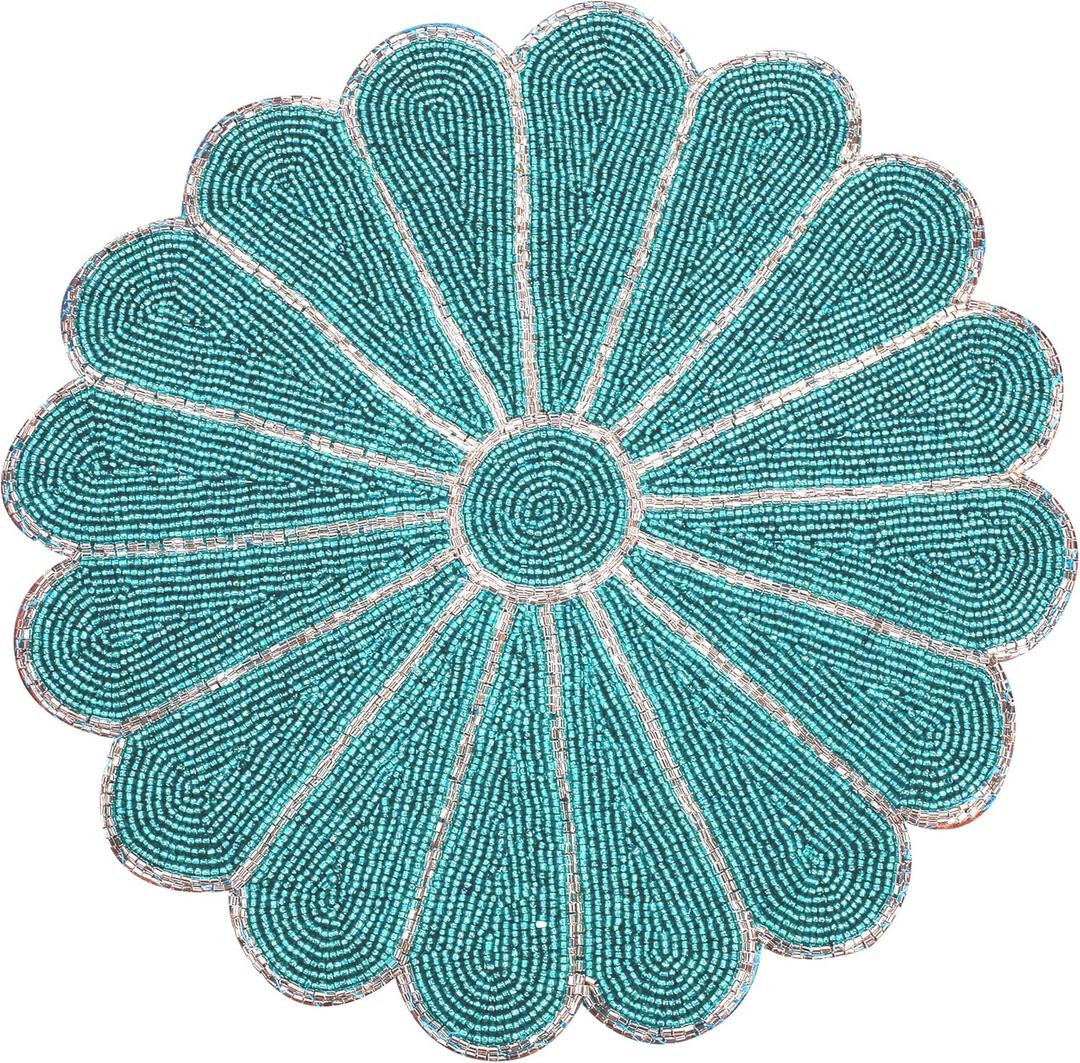 Beaded Placematss Round 13" Hand -Beaded Placematss, Farmhouse Weave Place Mats, Rustic Braided Wicker Table Mats for Dining Table, Home, Wedding Single Pack (Teal Silver) - ALPHA Living HOME (Set of 1)