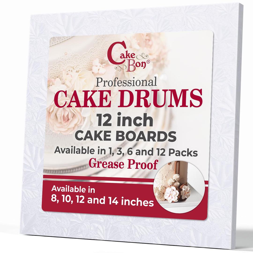 Cakebon Cake Boards Square - Sturdy 1/2 Inch Thick Drums - 12 Inch Professionally Wrapped Edges White 1-Pack
