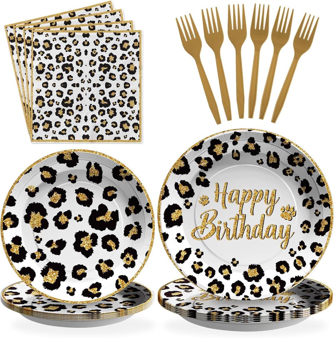 Grencian 96 Pcs Cheetah Print Birthday Decorations White Leopard Plates and Napkins Leopard Print Party Supplies Safari Themed Paper Plates for Jungle Safari Cheetah Theme Party Baby Shower Serves 24