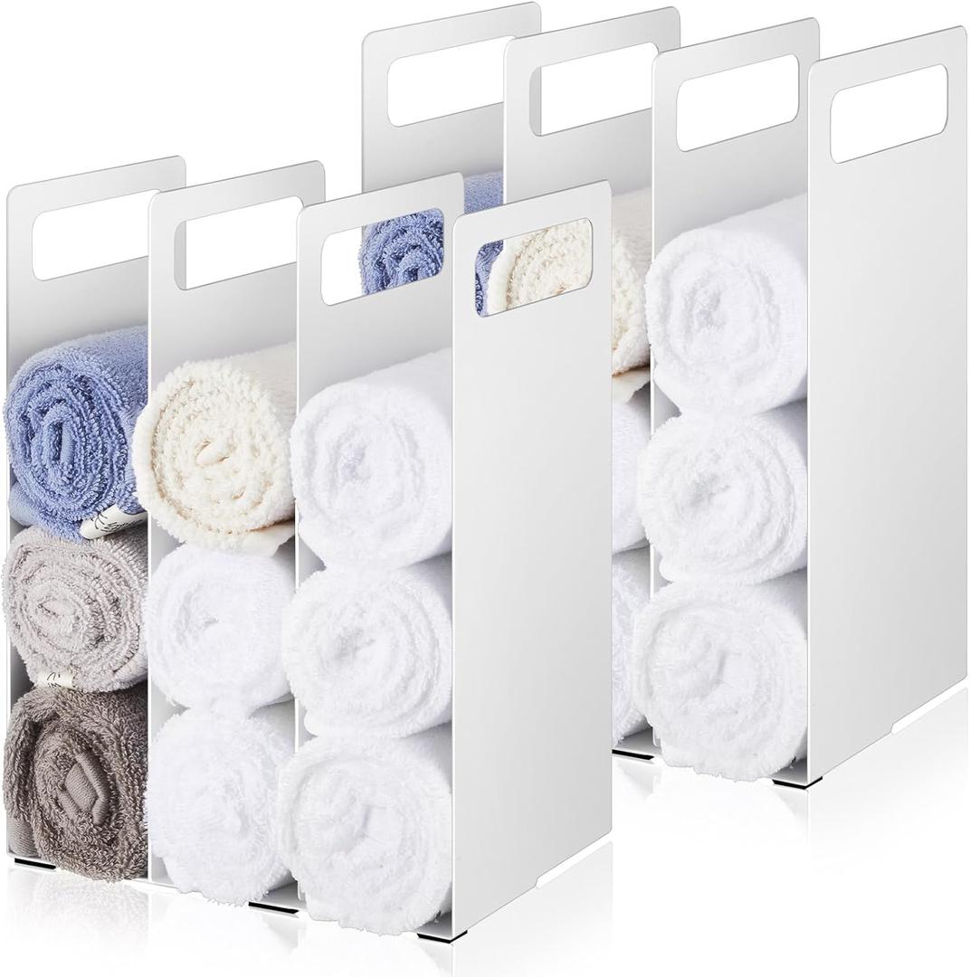LEIFIDE Set of 4 Interlocking Towel Organizer Metal Bathroom Towel Storage Rack Shelf Dividers Organizers for Closet Home Space Saving (White)