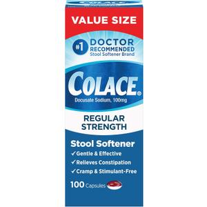 Colace Stool Softener 100 mg, 100 Capsules, Constipation Relief, Docusate Sodium, Gentle Docusate, Stimulant-Free, Regular Strength, #1 Doctor Recommended Stool Softener Brand