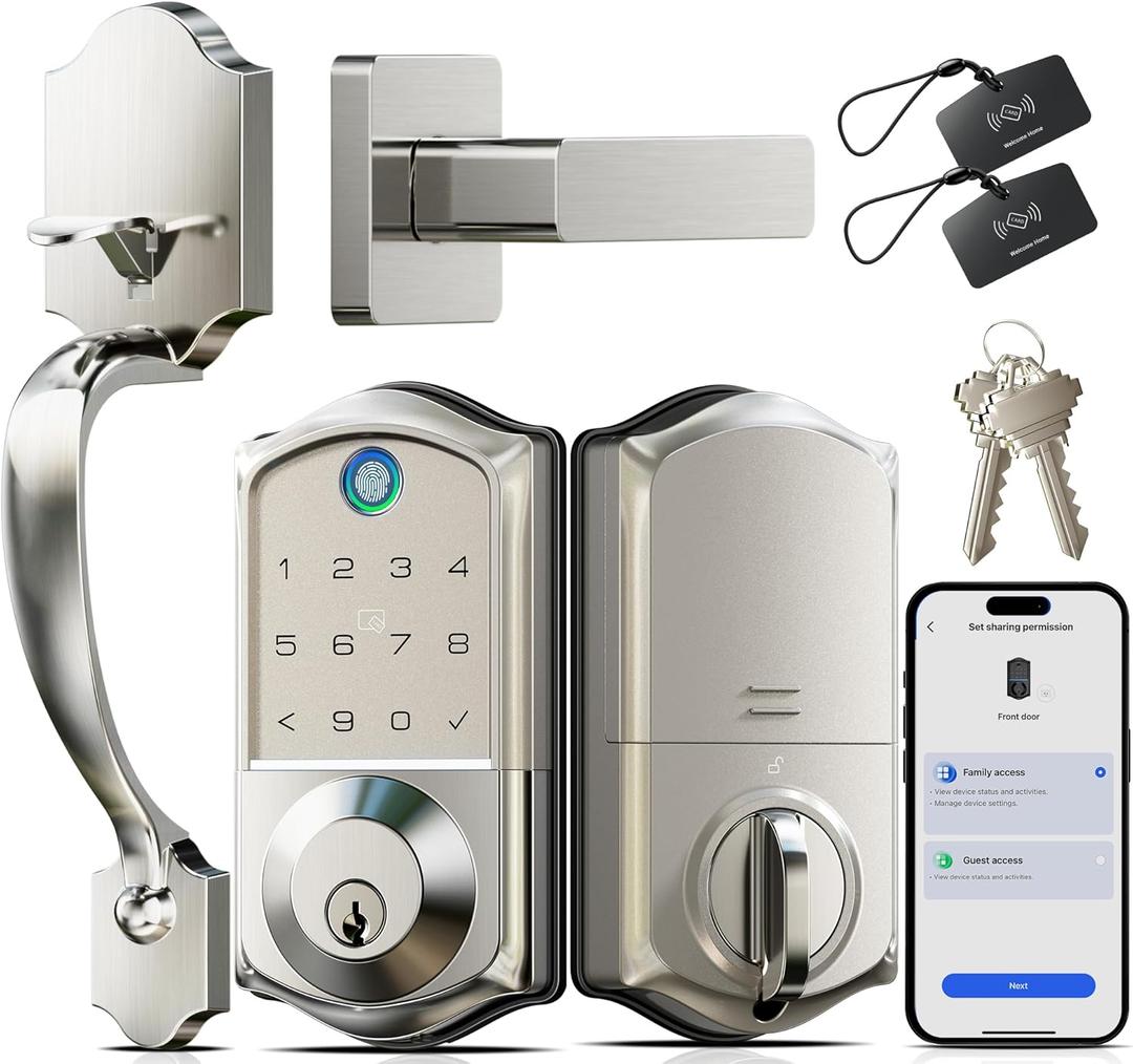 Veise VE017-H Fingerprint Smart Front Door Lock Set, App Control, Keyless Entry Deadbolt with Handle, Smart Deadbolt, Emergency Power Port, Touchscreen Keypad, Auto Lock, Easy Install, Satin Nickel
