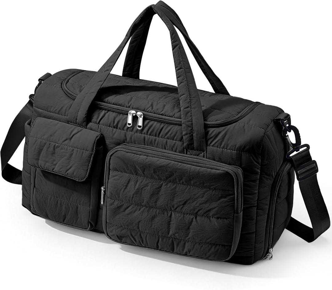 Gym Bag for Women, Cute Travel Duffel Bag with Shoe Compartment & Wet Pocket, Lightweight Puffer Weekender Overnight Bag, Travel Carry On for Sport, Hospital, Yoga (Black)