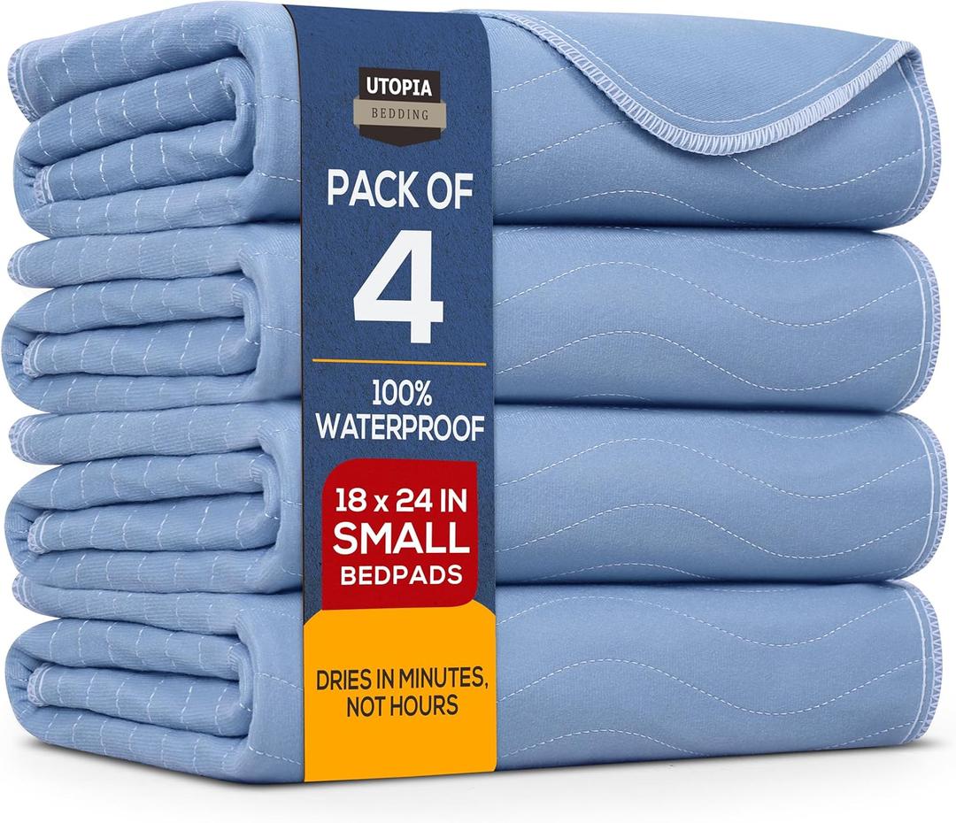 Utopia Bedding Washable Underpads 18" x 24" (Pack of 4), Waterproof Reusable Heavy Absorbency Incontinence Bed Pads for Adults, Kids, Elderly and Pets, Bedwetting Pads for Sofa and Couch (Blue)