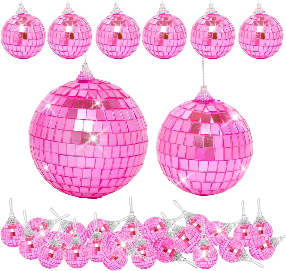 32 Pack Mini Disco Balls Decorations Different Sizes Mirror Ball with Hanging String Small Disco Ball Ornament for Disco Theme Party Cake Topper DJ Club Christmas Wedding Home Decor (Pink)