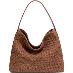 KlaOYer Woven Faux Suede Tote Bag for Women Large Vegan Hobo Purse Summer Travel Shoulder Bag Crossbody Purse Handbag (Brown)