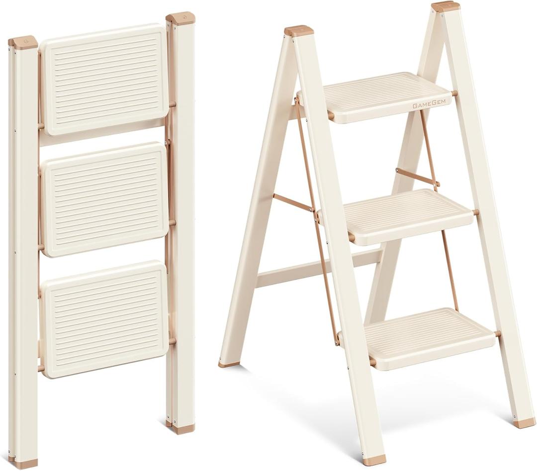 3 Step Ladder, 3 Step Stool for Adults, Folding Step Ladder with Secure Footing, Widened Pedal, Aesthetically Pleasing Looking, Blends Right into Domestic Rooms, Cream Chocolate