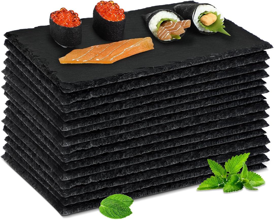 Hoolerry 15 Pcs 8.7 x 6 Inch Slate Charcuterie Boards Bulk, Mini Slate Cheese Board Black Sushi Platters Individual Stone Serving Tray Plates for Food, Appetizers, Cheese, Meat, Party