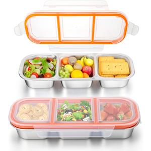 Palksky 2Pack Stainless Steel Snack Containers with Lids, 3 Compartment Reusable Snackle Box Container, Metal Food Storage Containers for School, Home, Travel